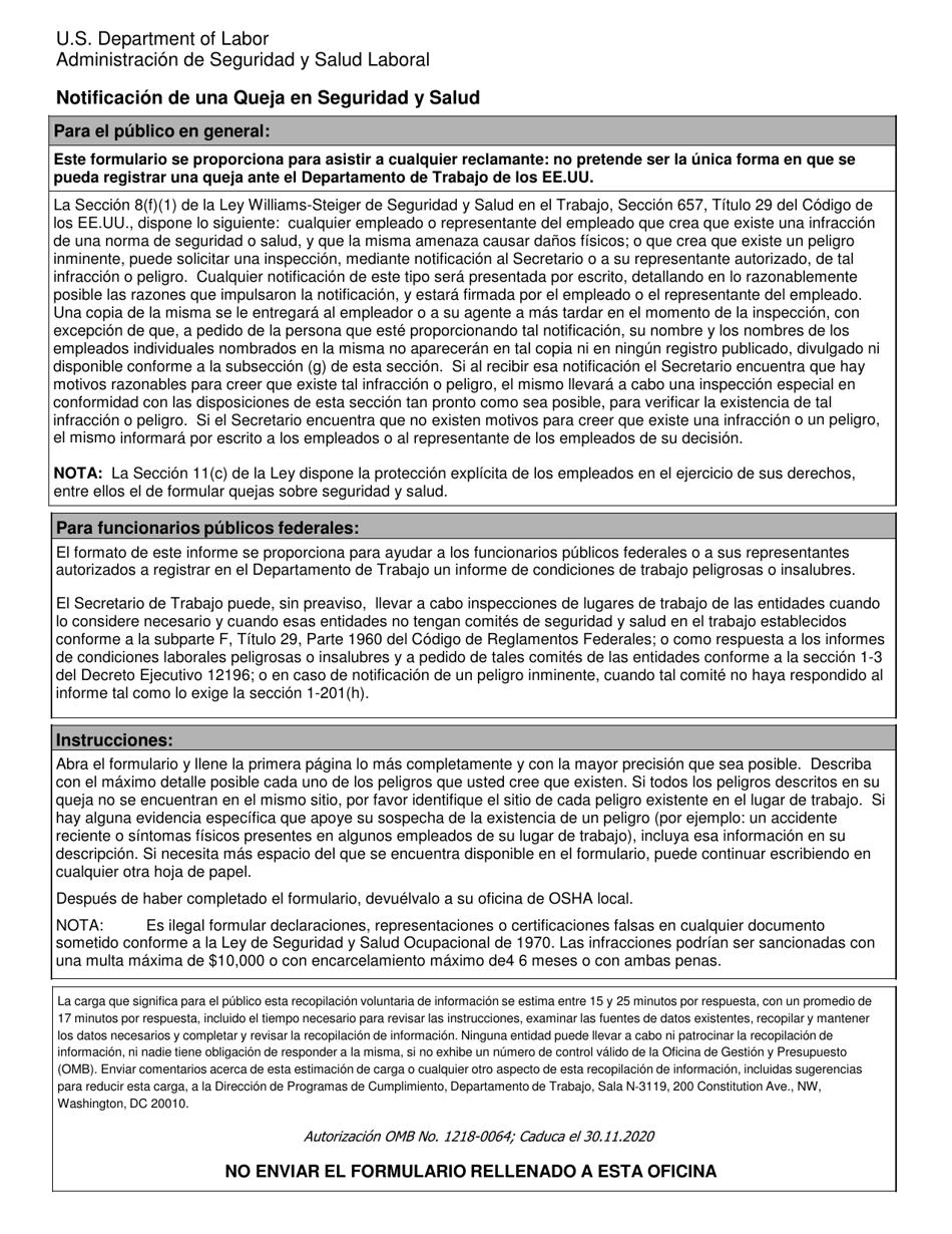 Formulario OSHA-7 Notificacion De Una Queja En Seguridad Y Salud (Spanish), Page 1