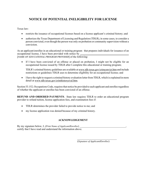 Notice of Potential Ineligibility for License - Texas Download Pdf