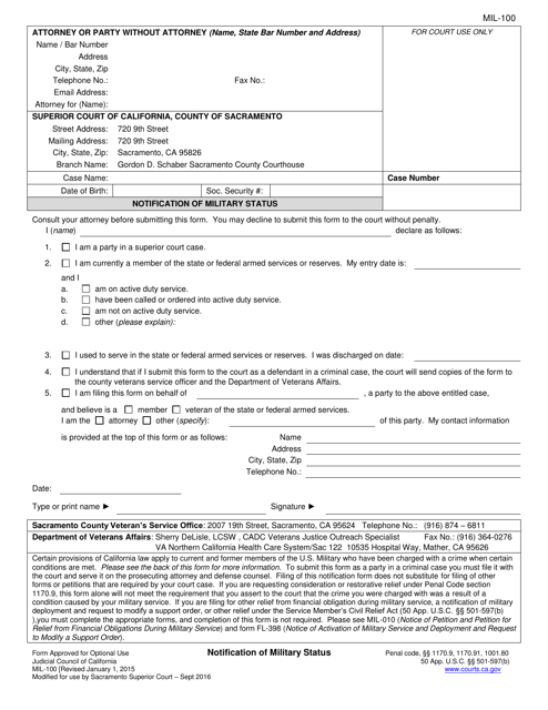 Form MIL-100 Notification of Military Status - County of Sacramento, California