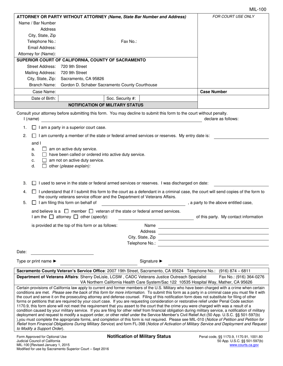 Form MIL-100 Notification of Military Status - County of Sacramento, California, Page 1