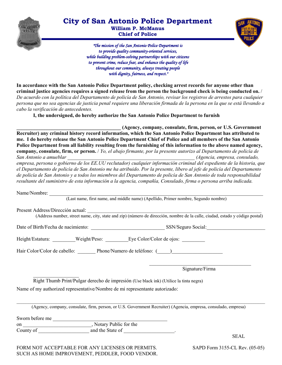 SAPD Form 3155-CL Background Check Request Form - City of San Antonio, Texas, Page 1