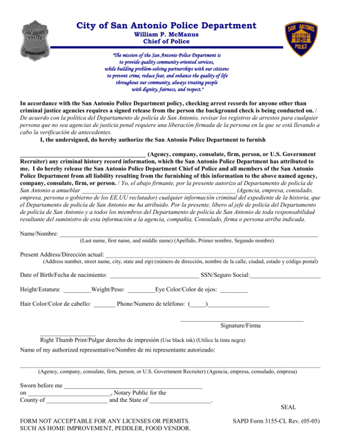 SAPD Form 3155-CL Background Check Request Form - City of San Antonio, Texas