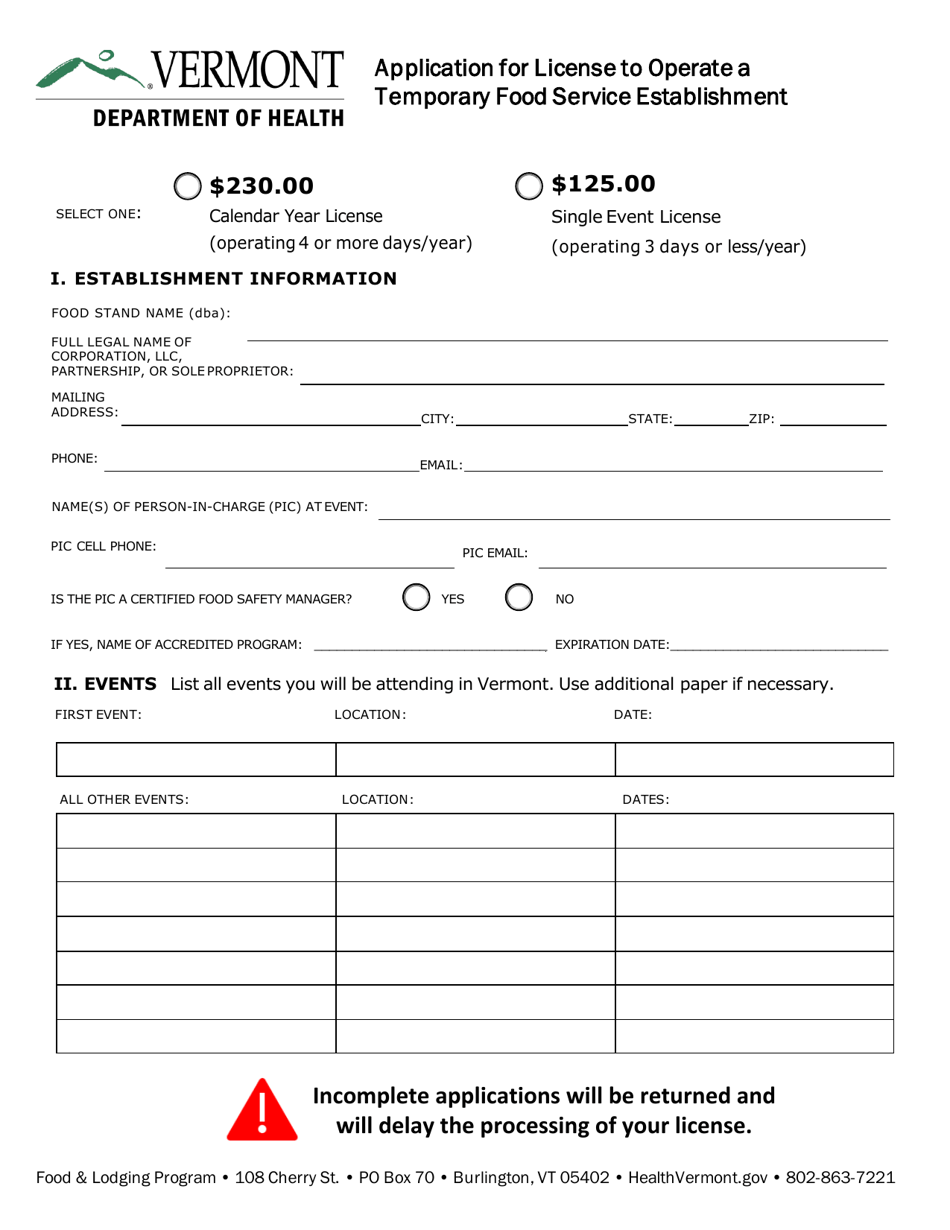 Application for License to Operate a Temporary Food Service Establishment - Vermont, Page 2