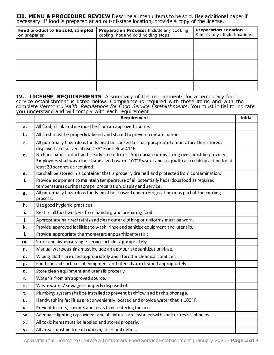 Application for License to Operate a Temporary Food Service Establishment - Vermont, Page 3