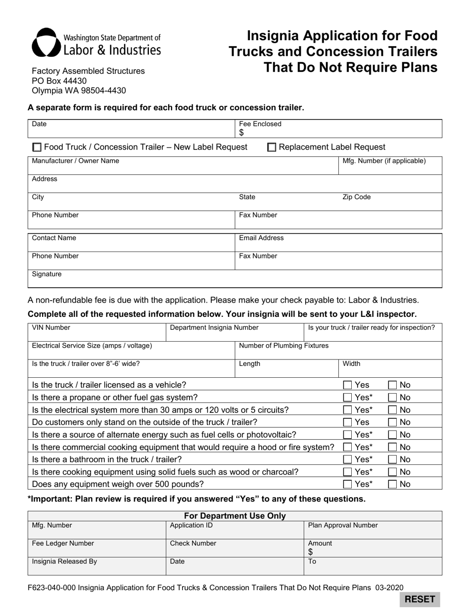 Form F623-040-000 Insignia Application for Food Trucks  Concession Trailers That Do Not Require Plans - Washington, Page 1
