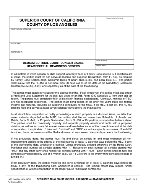 Form LASC FAM204 Dedicated Trial Court Longer Cause Hearing/Trial Readiness Orders - County of Los Angeles, California