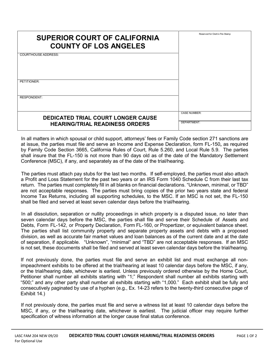 Form LASC FAM204 Dedicated Trial Court Longer Cause Hearing / Trial Readiness Orders - County of Los Angeles, California, Page 1