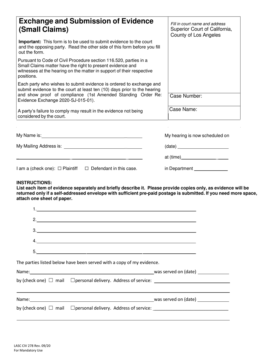 Form LASC CIV278 Exchange and Submission of Evidence (Small Claims) - County of Los Angeles, California, Page 1