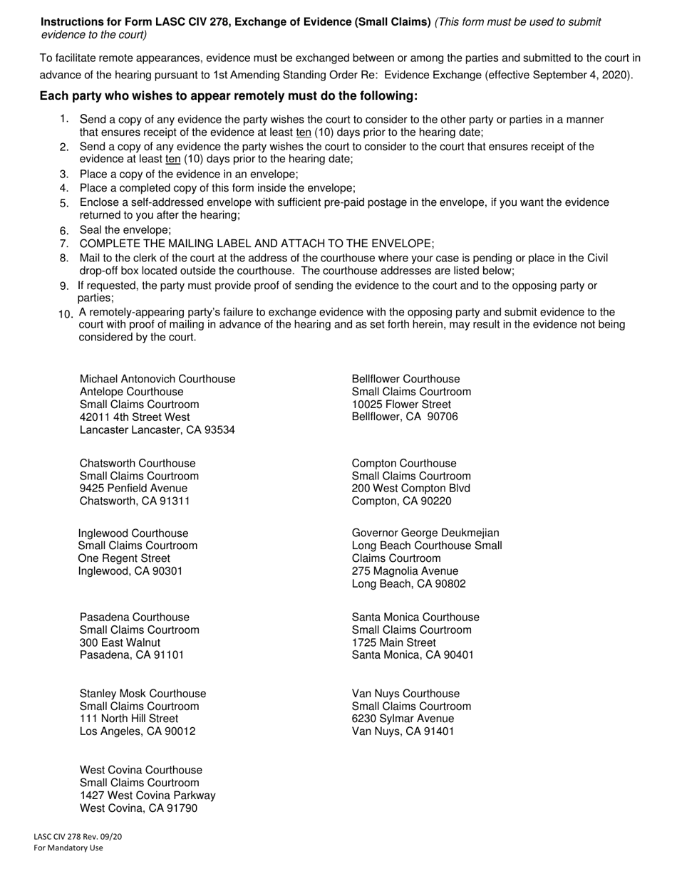 Form LASC CIV278 Exchange and Submission of Evidence (Small Claims) - County of Los Angeles, California, Page 2