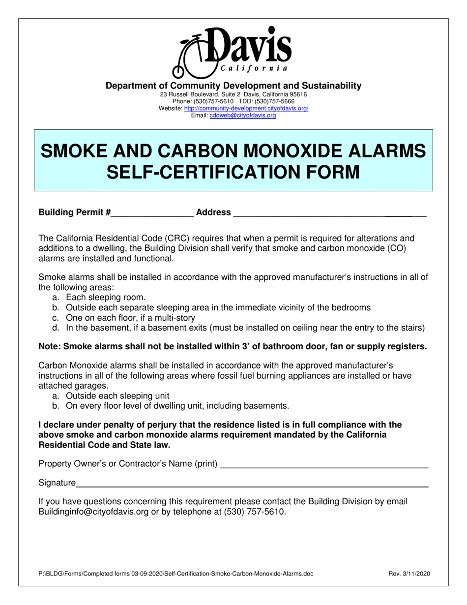 Smoke and Carbon Monoxide Alarms Self-certification Form - City of Davis, California, Page 1
