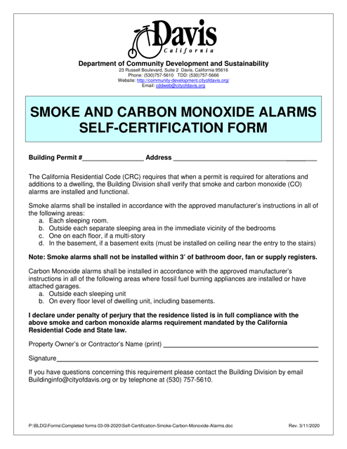 Smoke and Carbon Monoxide Alarms Self-certification Form - City of Davis, California Download Pdf
