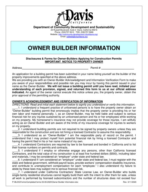 Owner Builder Information - City of Davis, California Download Pdf