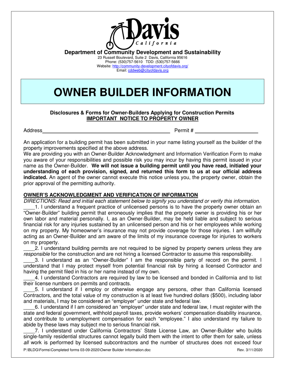 Owner Builder Information - City of Davis, California, Page 1