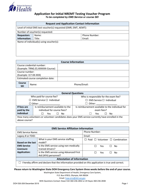 DOH Form 530-209 Application for Initial Nremt Testing Voucher Program - Washington