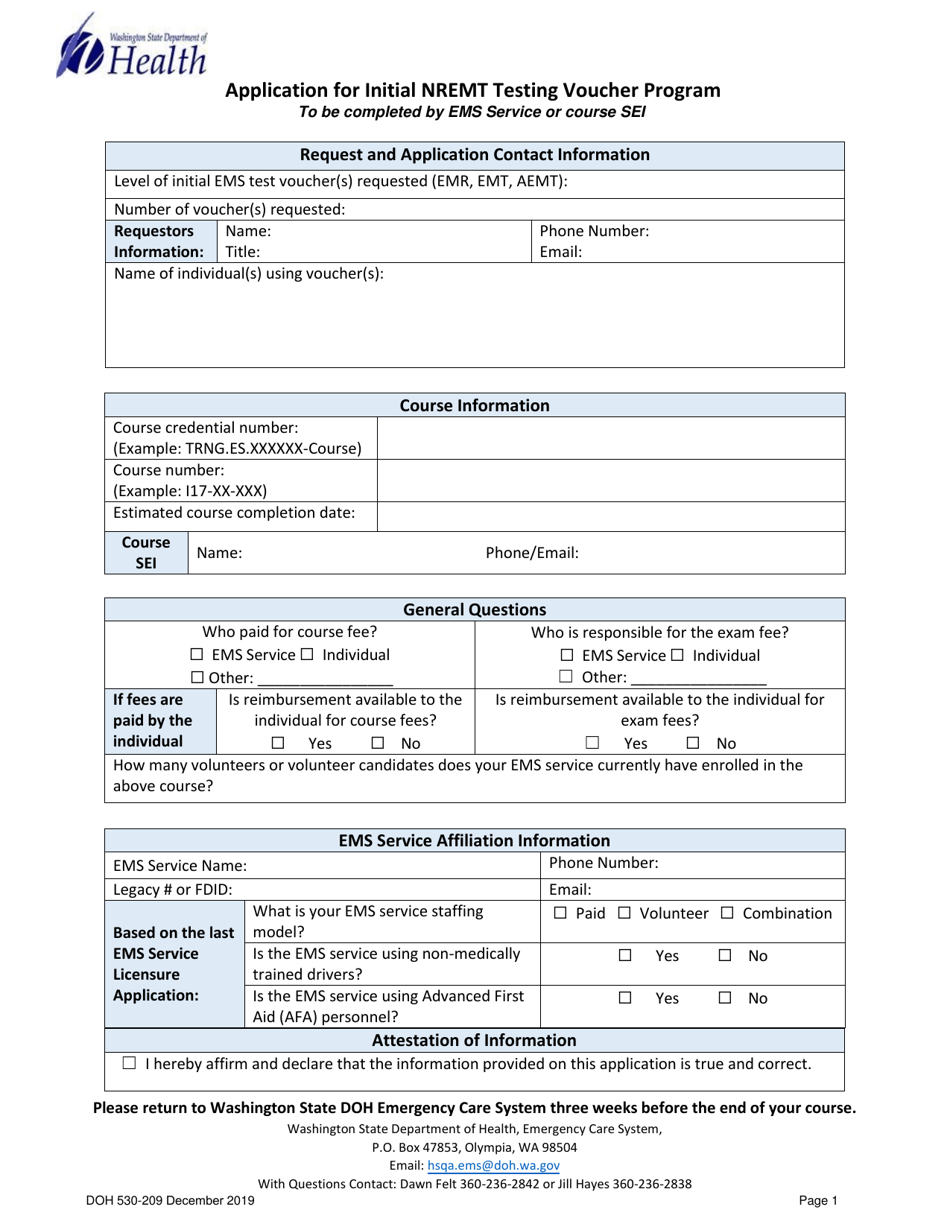 DOH Form 530-209 Application for Initial Nremt Testing Voucher Program - Washington, Page 1
