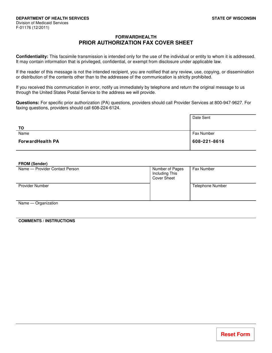 Form F-01176 Prior Authorization Fax Cover Sheet - Wisconsin, Page 1