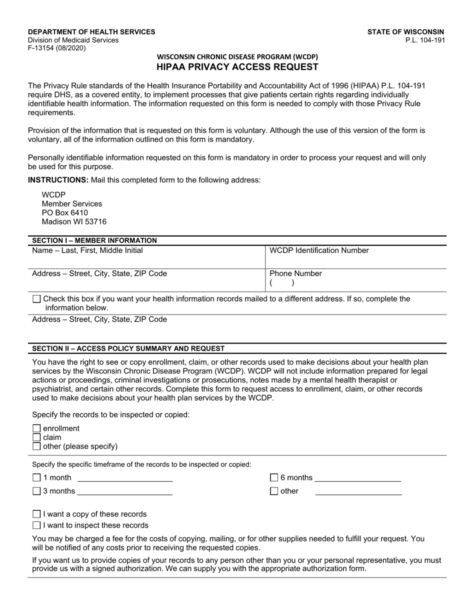 Form F-13154 HIPAA Privacy Access Request - Wisconsin Chronic Disease Program (Wcdp) - Wisconsin, Page 1