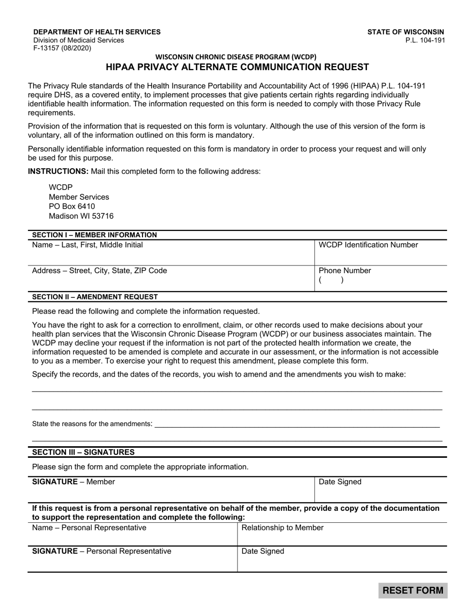 Form F-13157 HIPAA Privacy Amendment Request - Wisconsin Chronic Disease Program (Wcdp) - Wisconsin, Page 1