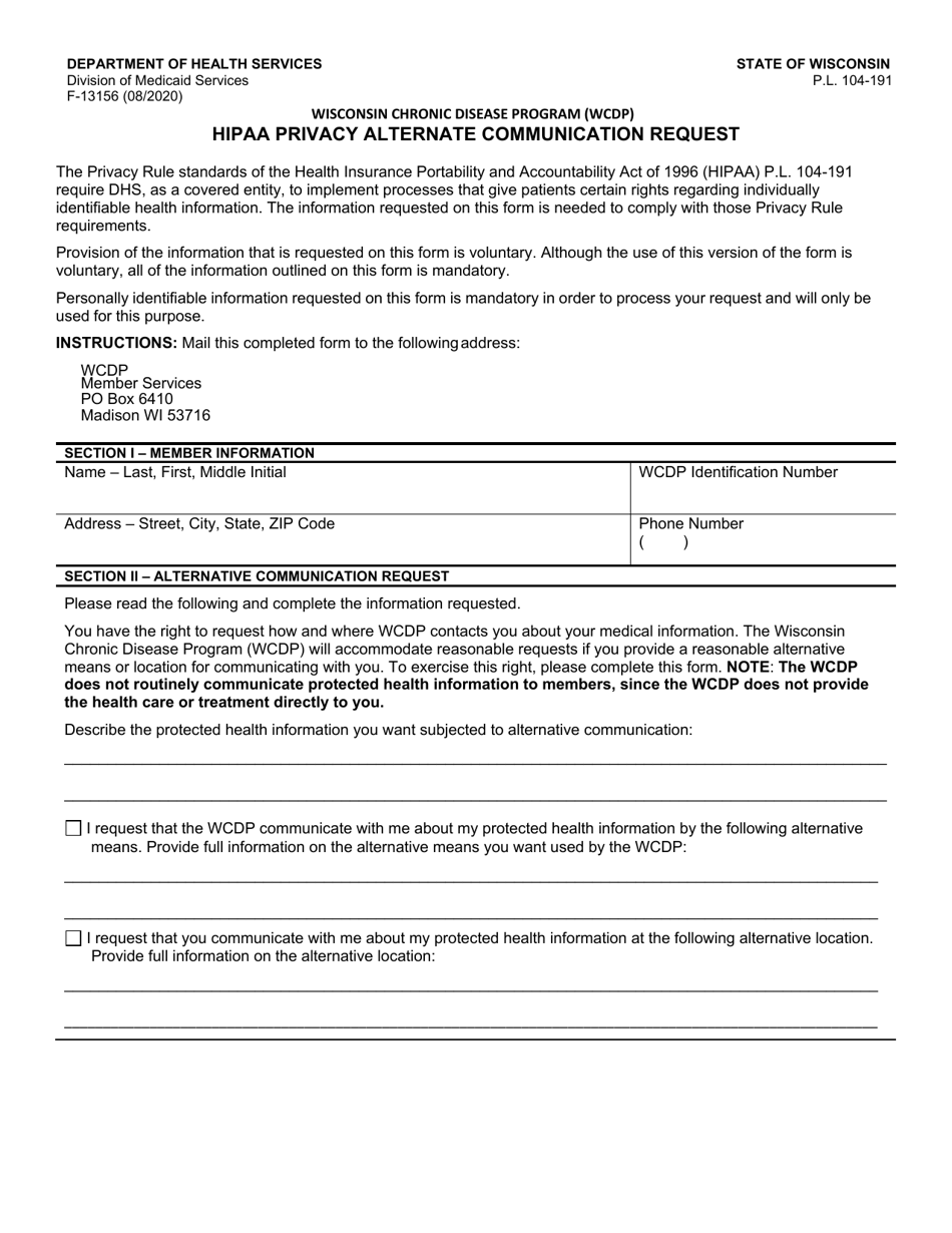Form F-13156 HIPAA Privacy Alternate Communication Request - Wisconsin Chronic Disease Program (Wcdp) - Wisconsin, Page 1