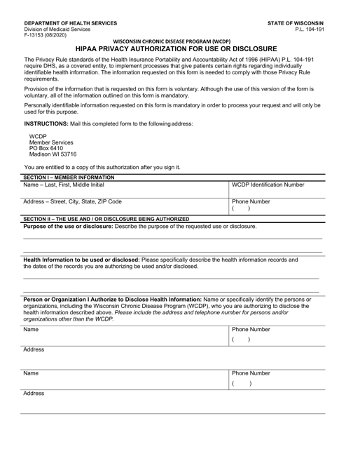 Form F-13153 HIPAA Privacy Authorization for Use or Disclosure - Wisconsin Chronic Disease Program (Wcdp) - Wisconsin