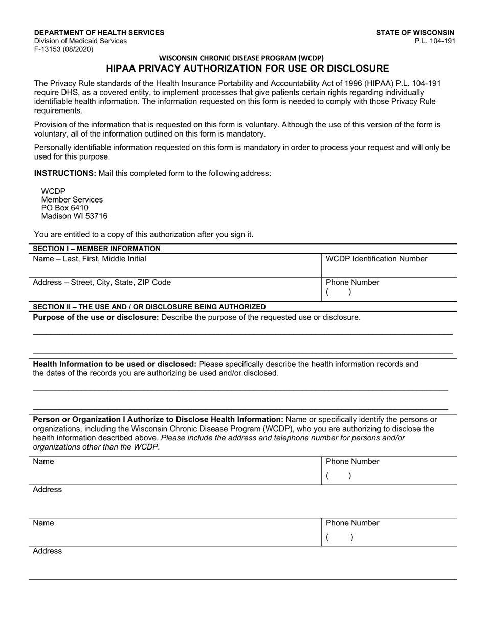 Form F-13153 HIPAA Privacy Authorization for Use or Disclosure - Wisconsin Chronic Disease Program (Wcdp) - Wisconsin, Page 1