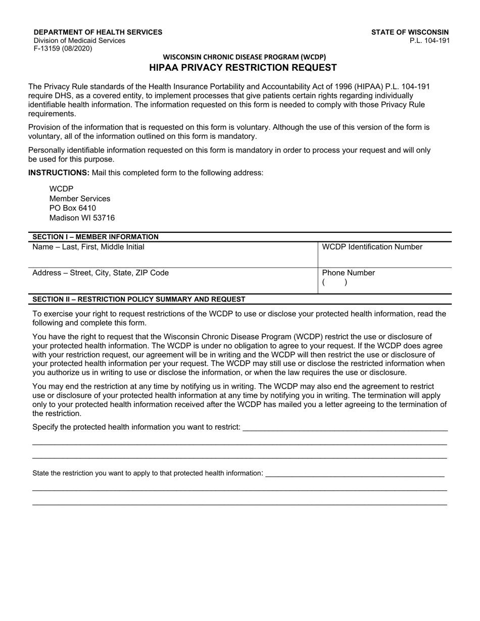 Form F-13159 HIPAA Privacy Restriction Request - Wisconsin Chronic Disease Program (Wcdp) - Wisconsin, Page 1
