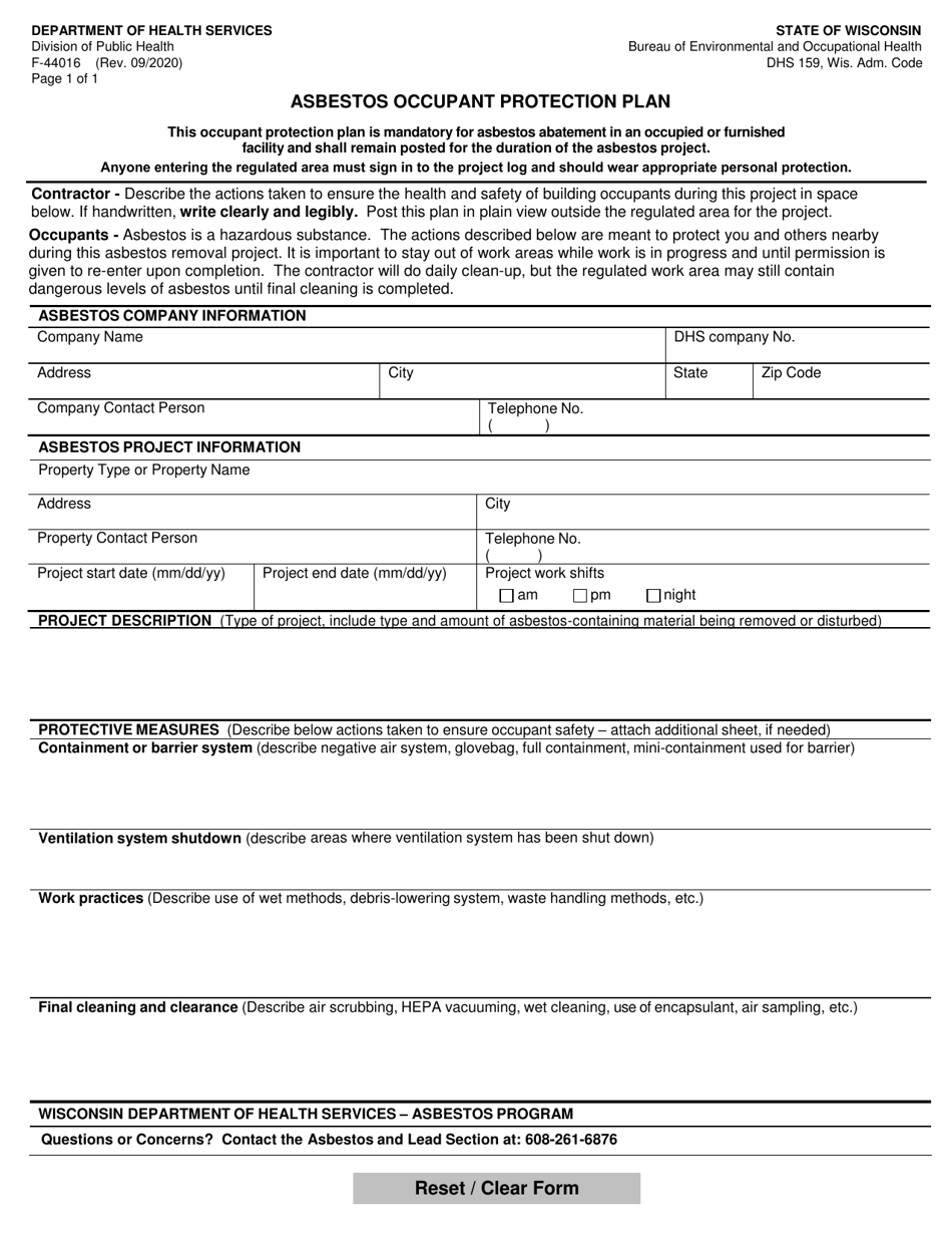 Form F-44016 Asbestos Occupant Protection Plan - Wisconsin, Page 1