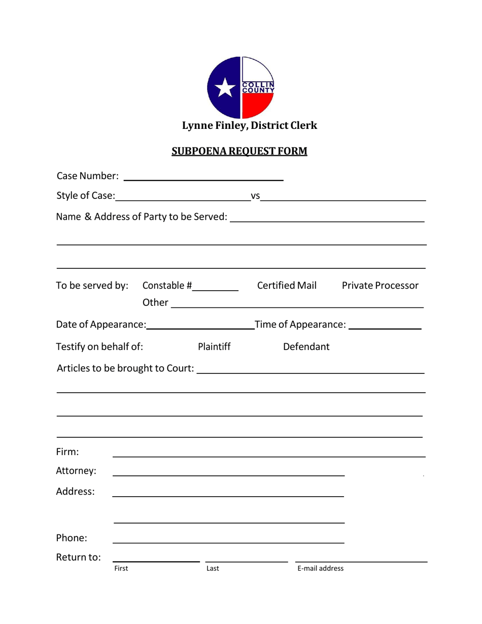 Collin County, Texas Subpoena Request Form Download Printable PDF ...