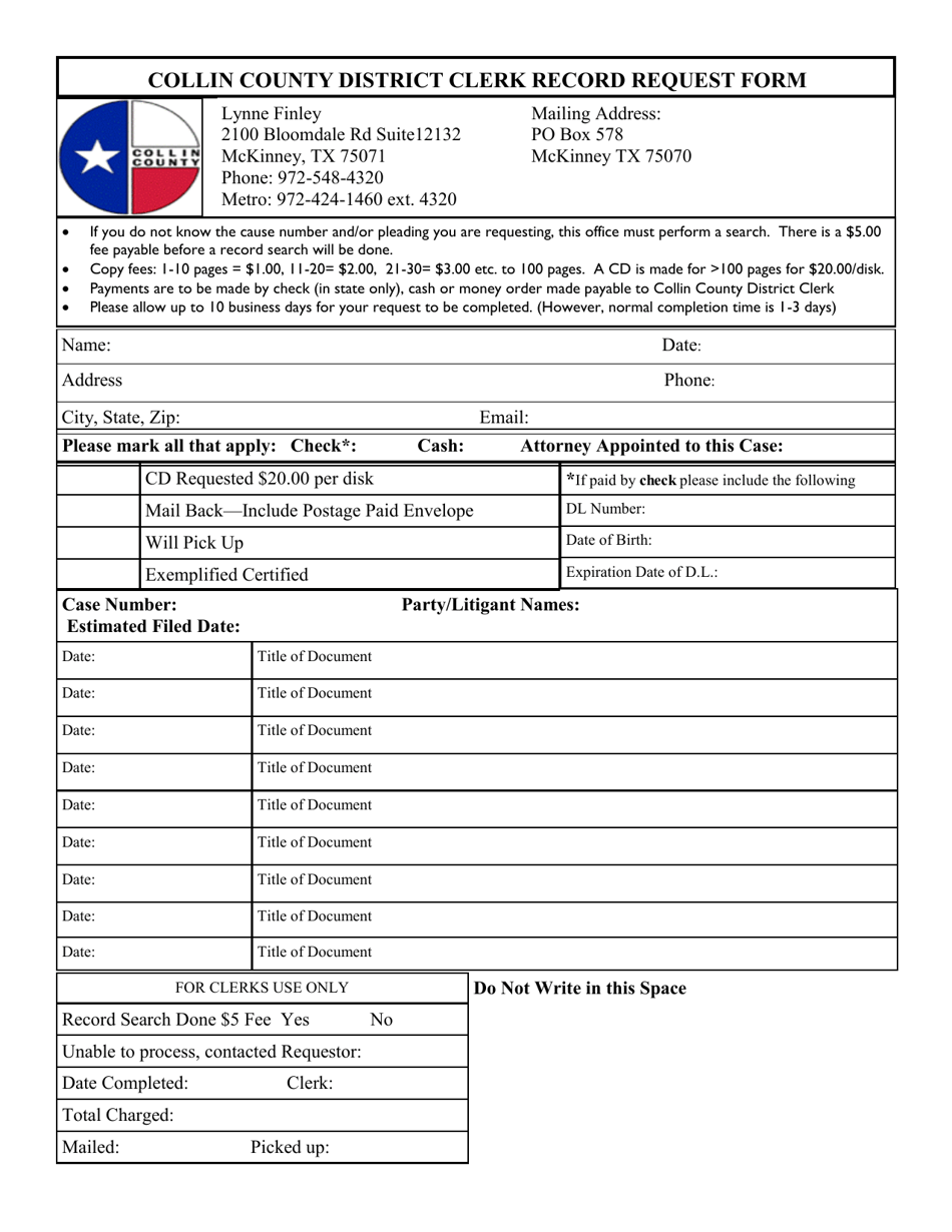 Collin County, Texas Record Request Form Fill Out, Sign Online and