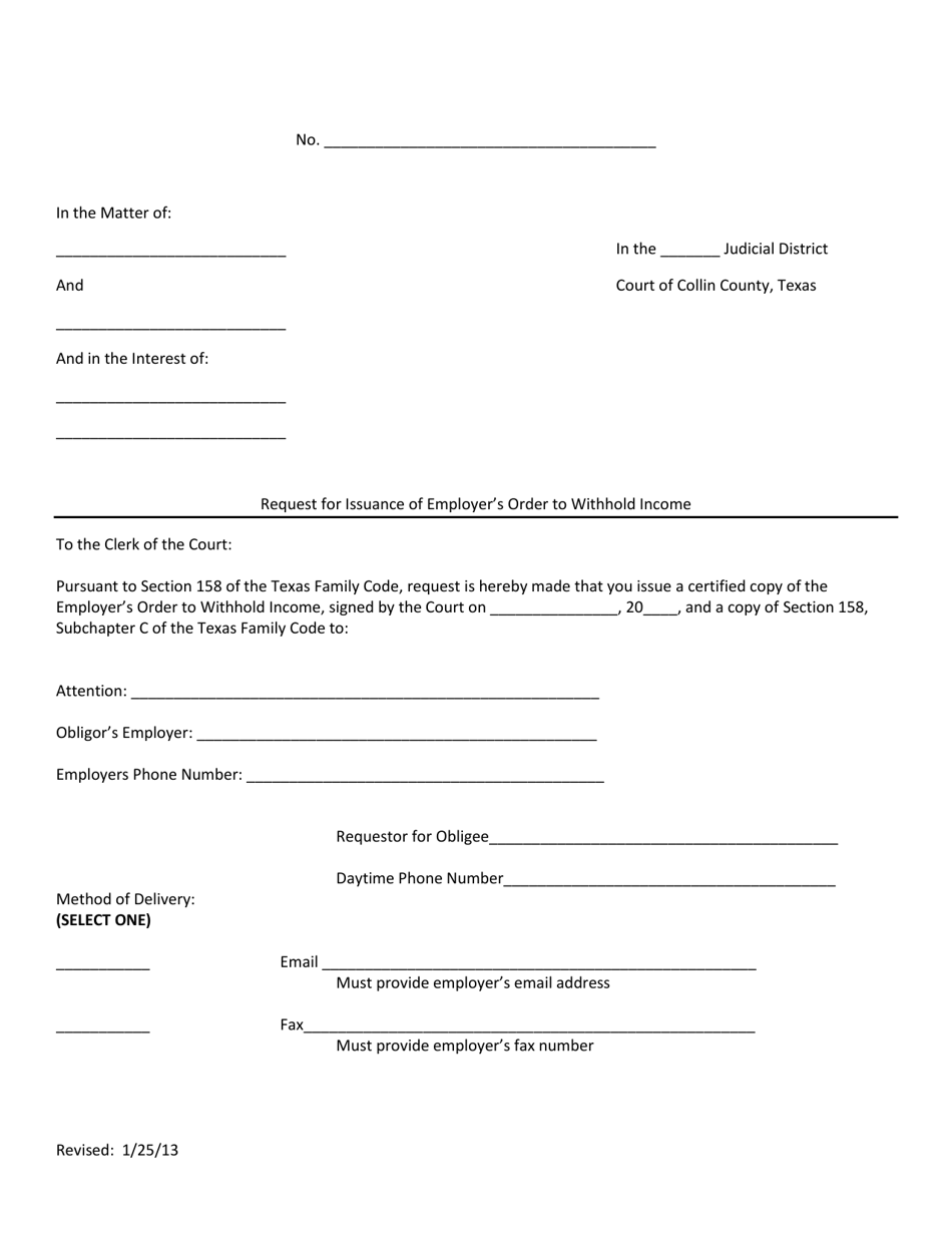 Request for Issuance of Employers Order to Withhold Income - Collin County, Texas, Page 1