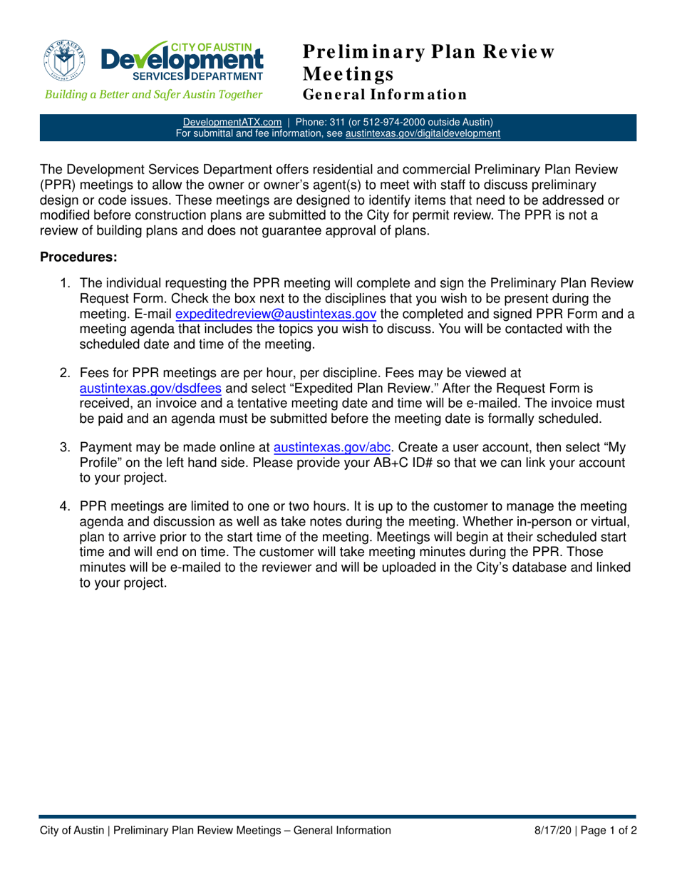 Preliminary Plan Review Residential Request Form - City of Austin, Texas, Page 1