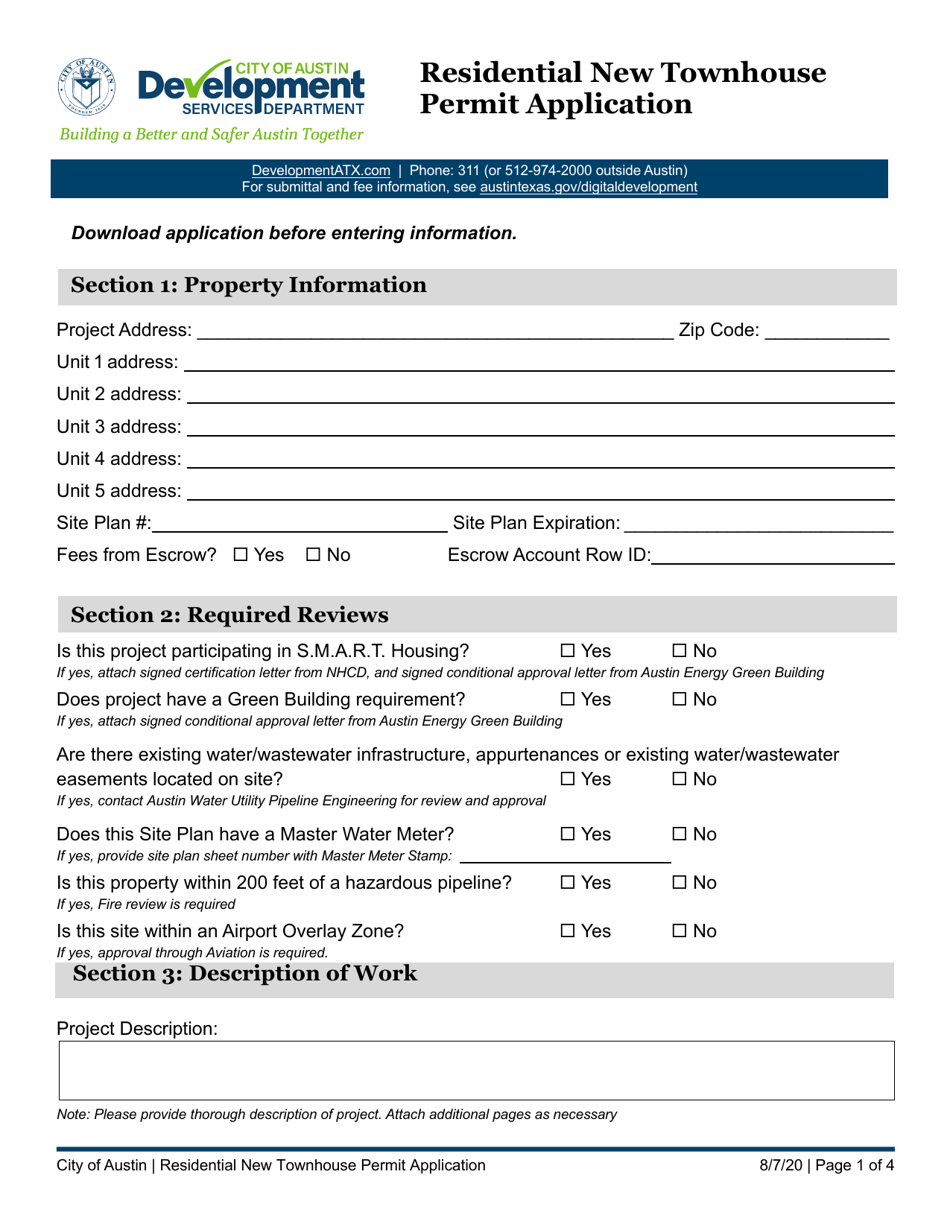 Residential New Townhouse Permit Application - City of Austin, Texas, Page 1