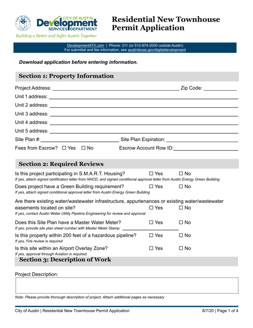 Residential New Townhouse Permit Application - City of Austin, Texas Download Pdf