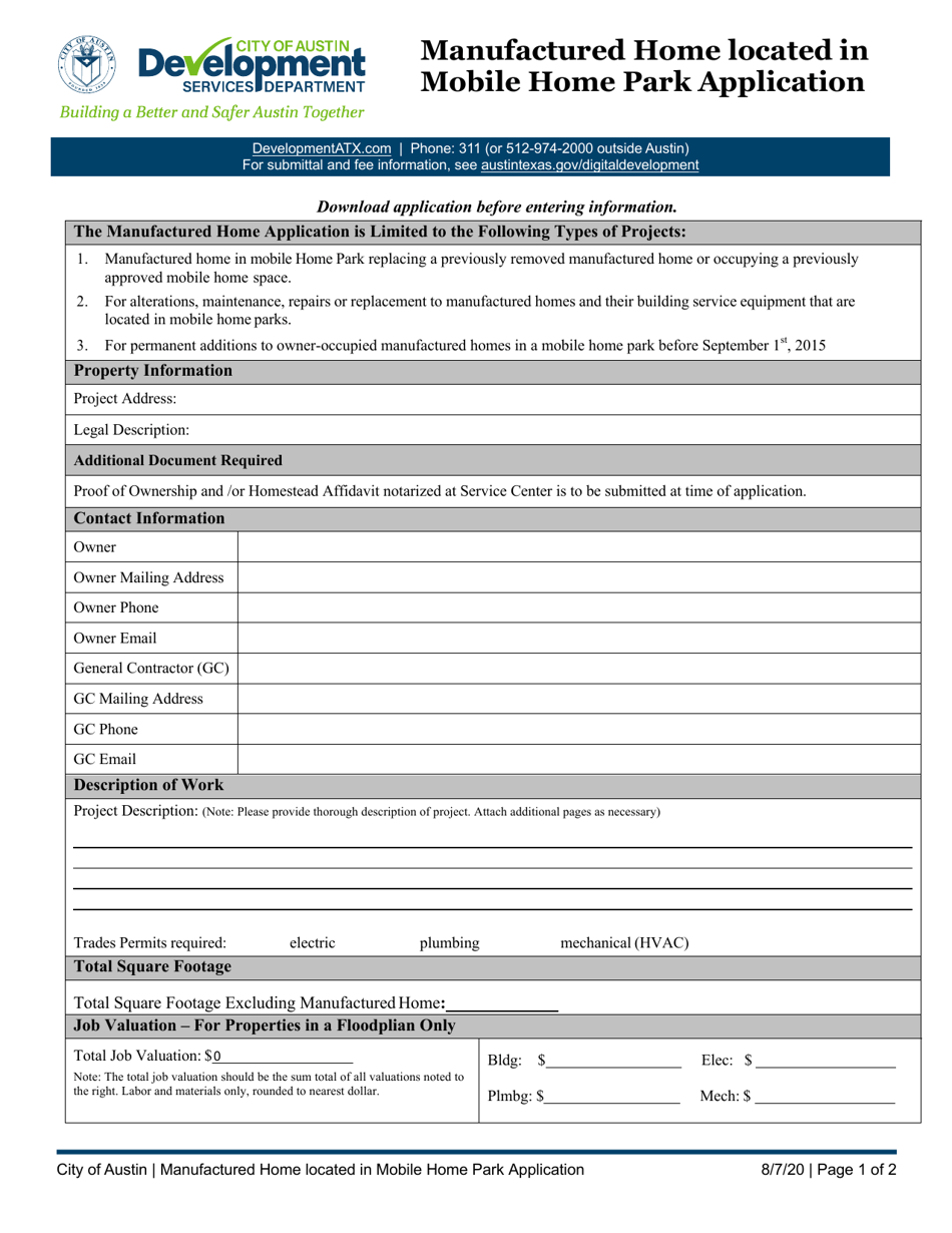 Manufactured Home Located in Mobile Home Park Application - City of Austin, Texas, Page 1