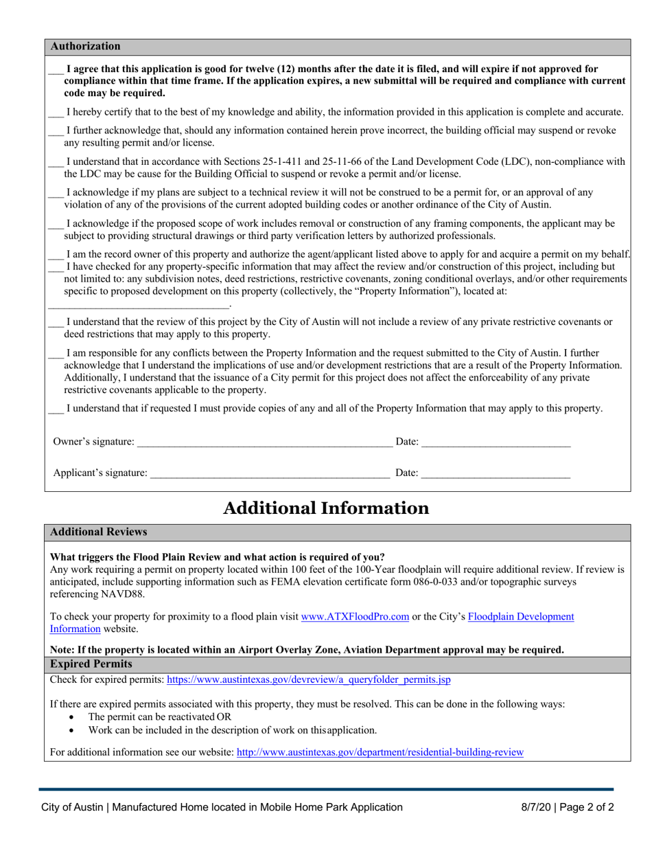 Manufactured Home Located in Mobile Home Park Application - City of Austin, Texas, Page 2