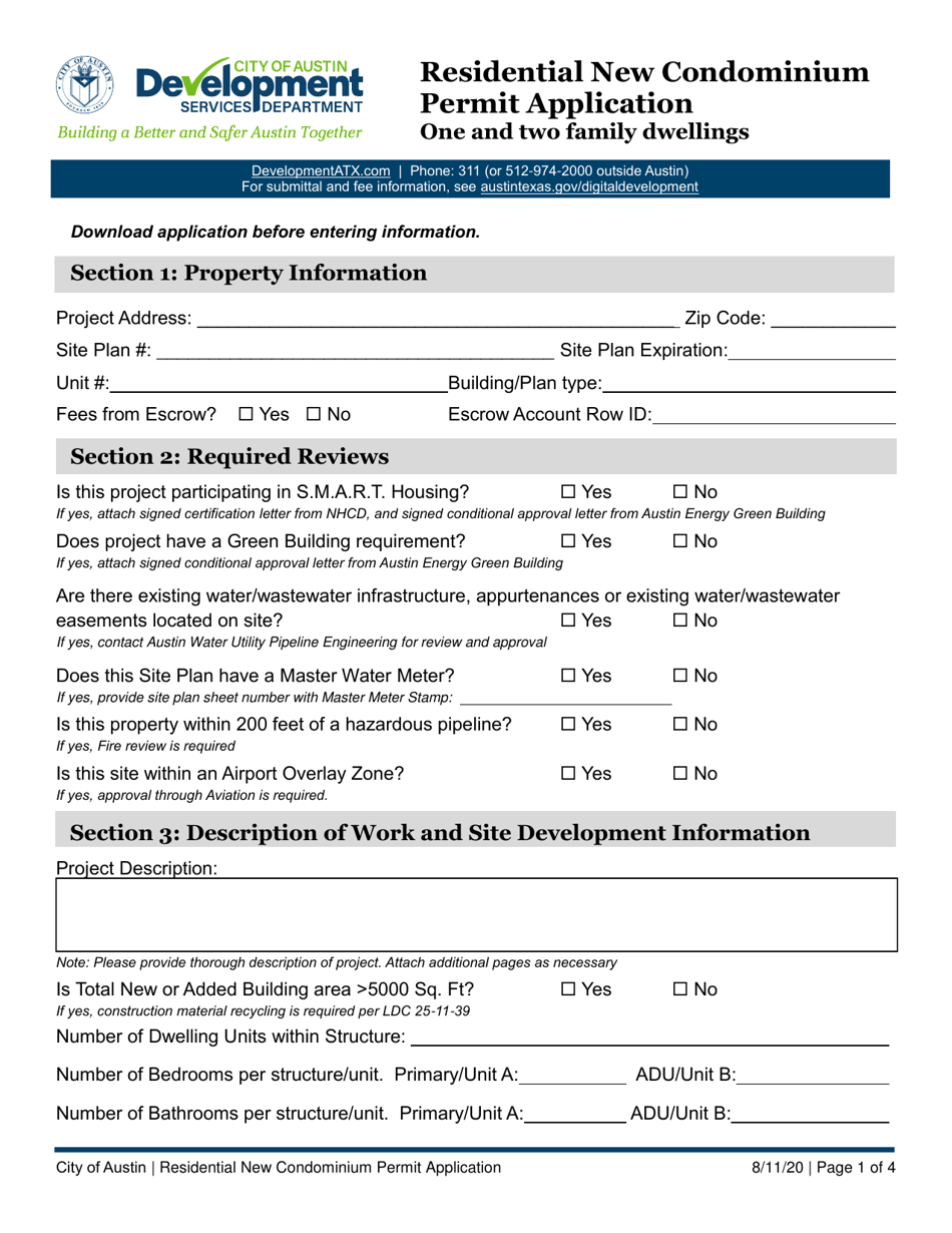 Residential New Condominium Permit Application - One and Two Family Dwellings - City of Austin, Texas, Page 1