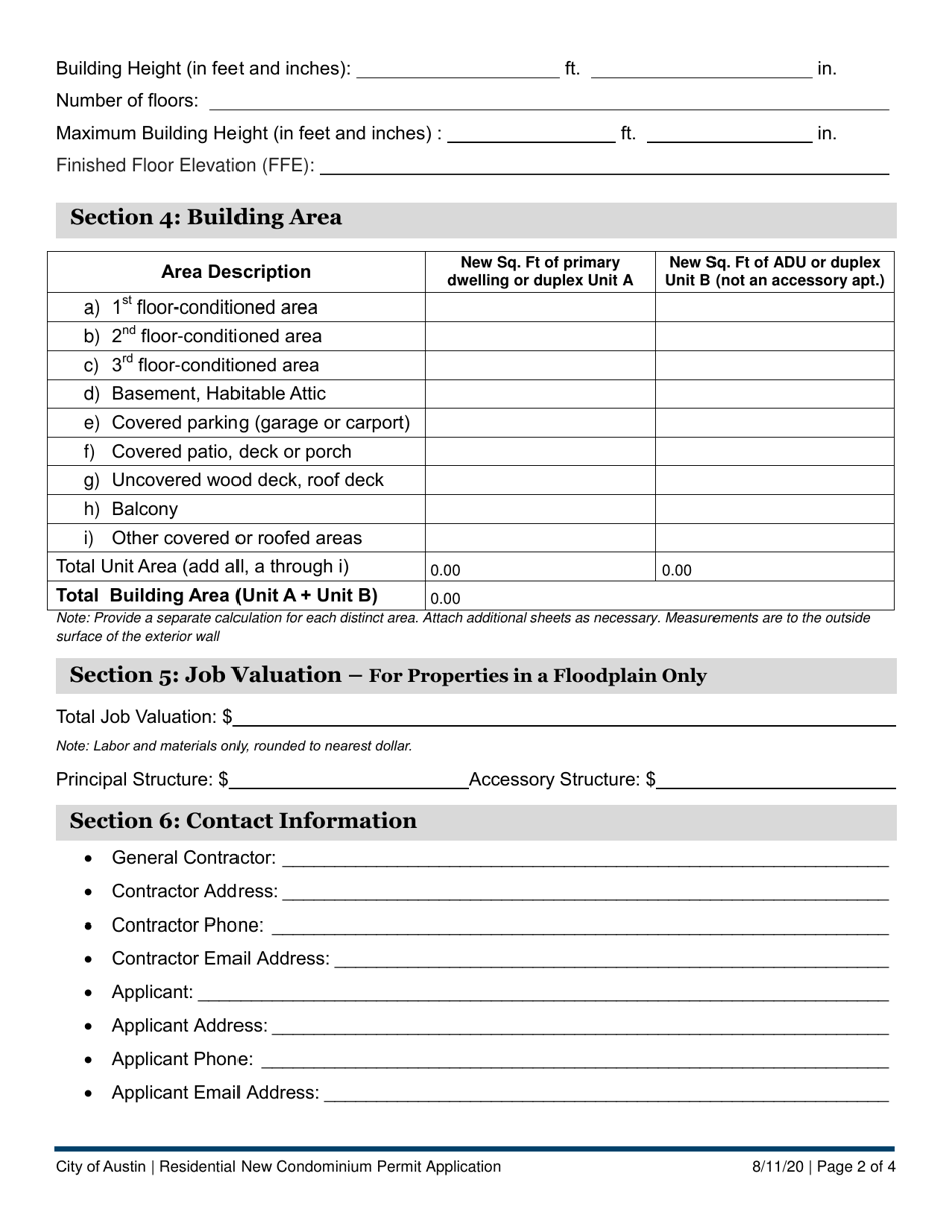 City Of Austin, Texas Residential New Condominium Permit Application ...