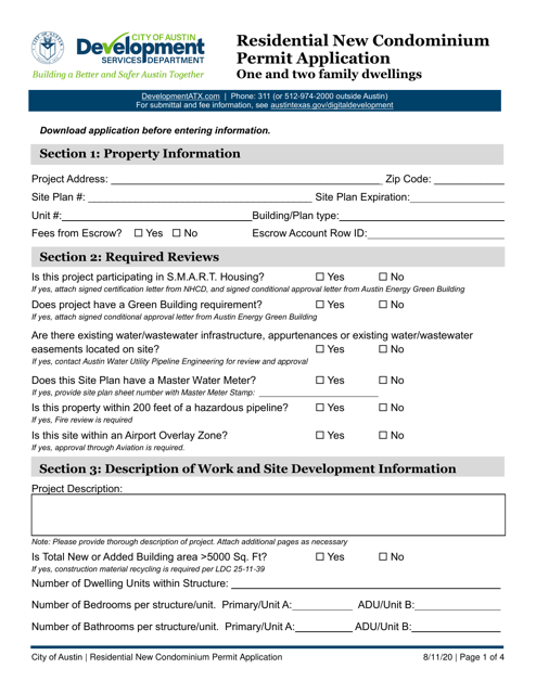 Residential New Condominium Permit Application - One and Two Family Dwellings - City of Austin, Texas Download Pdf