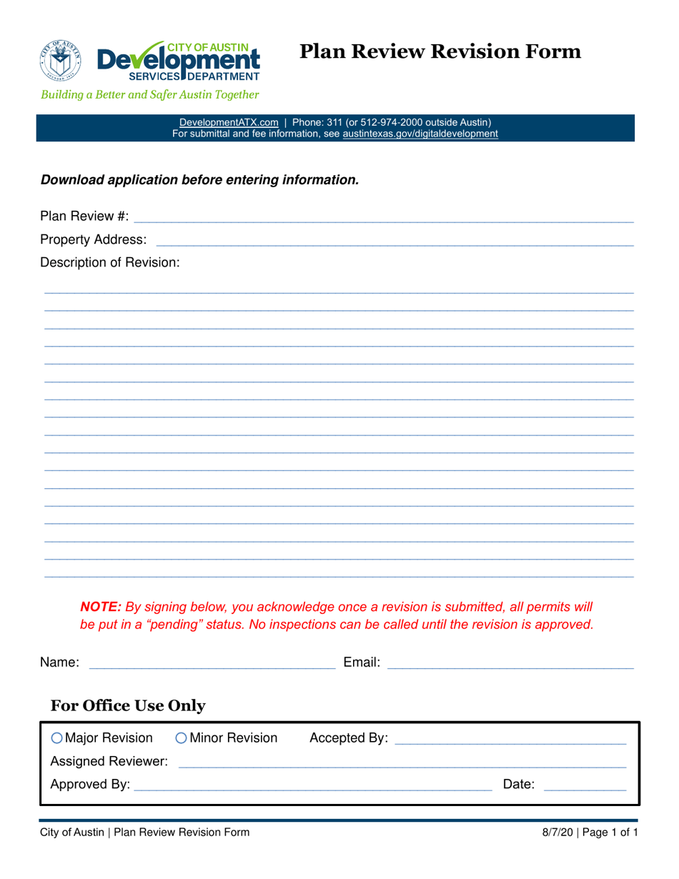 Plan Review Revision Form - City of Austin, Texas, Page 1