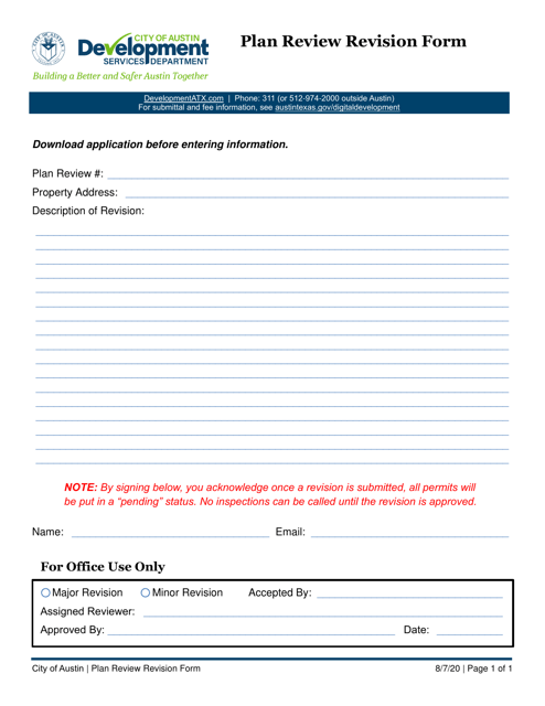 Plan Review Revision Form - City of Austin, Texas Download Pdf