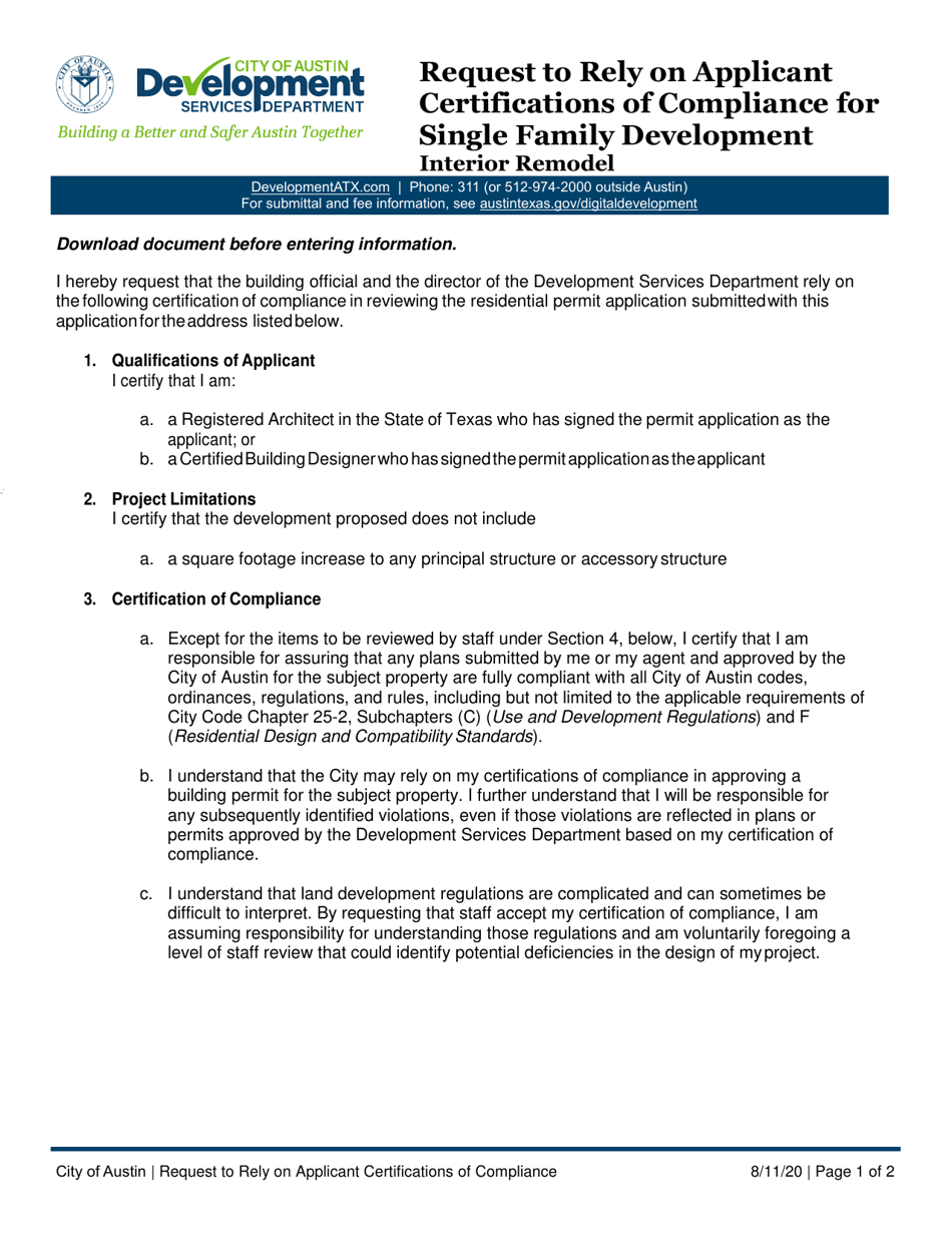 Request to Rely on Applicant Certifications of Compliance for Single Family Development - Interior Remodel - City of Austin, Texas, Page 1
