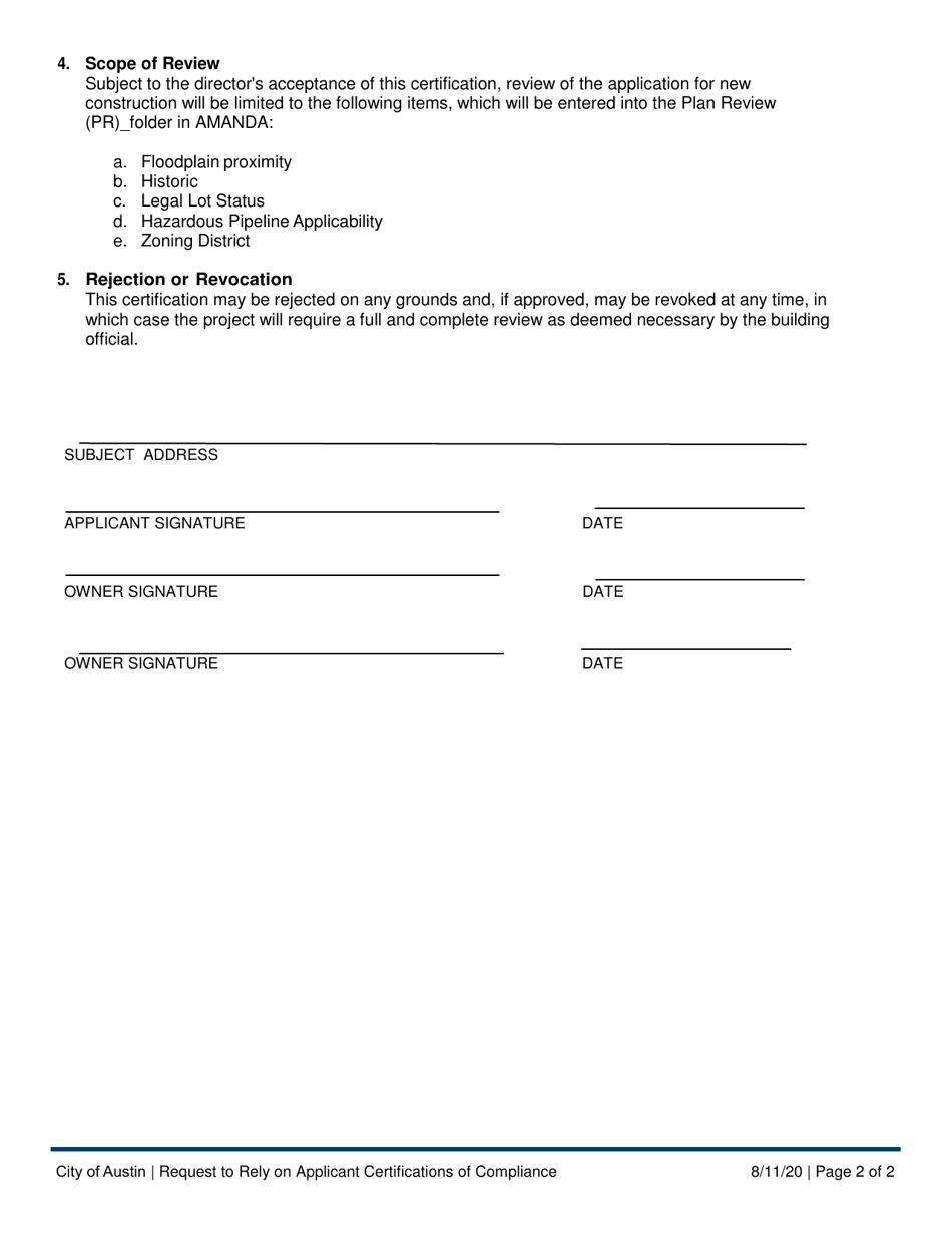 Request to Rely on Applicant Certifications of Compliance for Single Family Development - Interior Remodel - City of Austin, Texas, Page 2