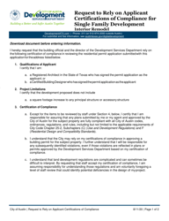 Document preview: Request to Rely on Applicant Certifications of Compliance for Single Family Development - Interior Remodel - City of Austin, Texas