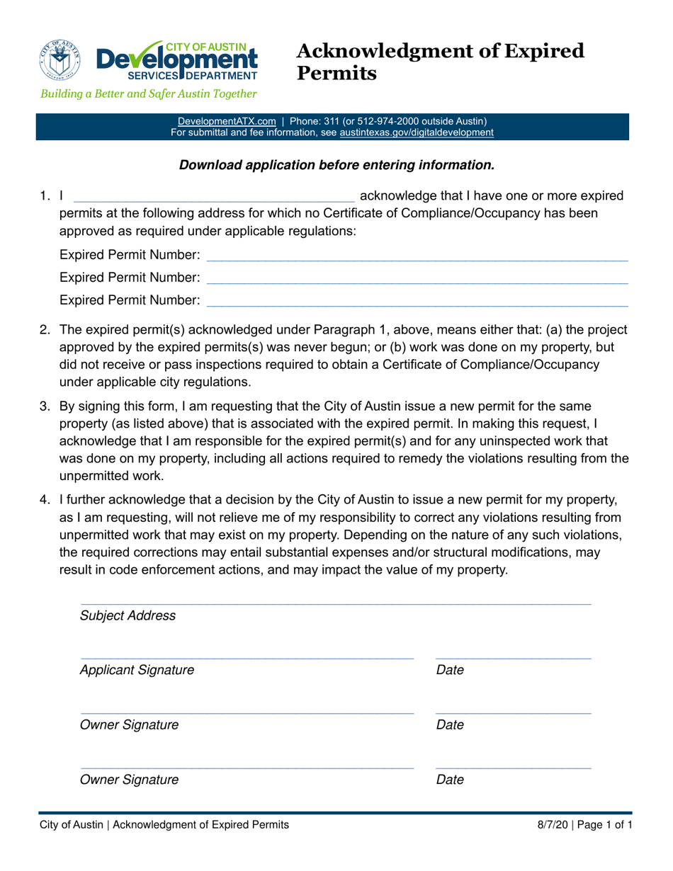 City of Austin, Texas Acknowledgment of Expired Permits Fill Out