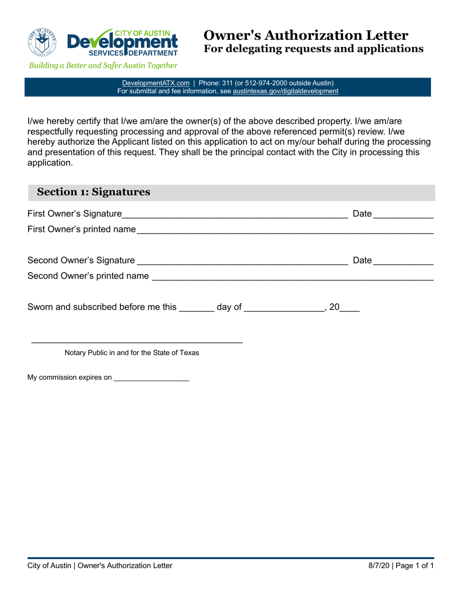 Owners Authorization Letter for Delegating Requests and Applications - City of Austin, Texas, Page 1