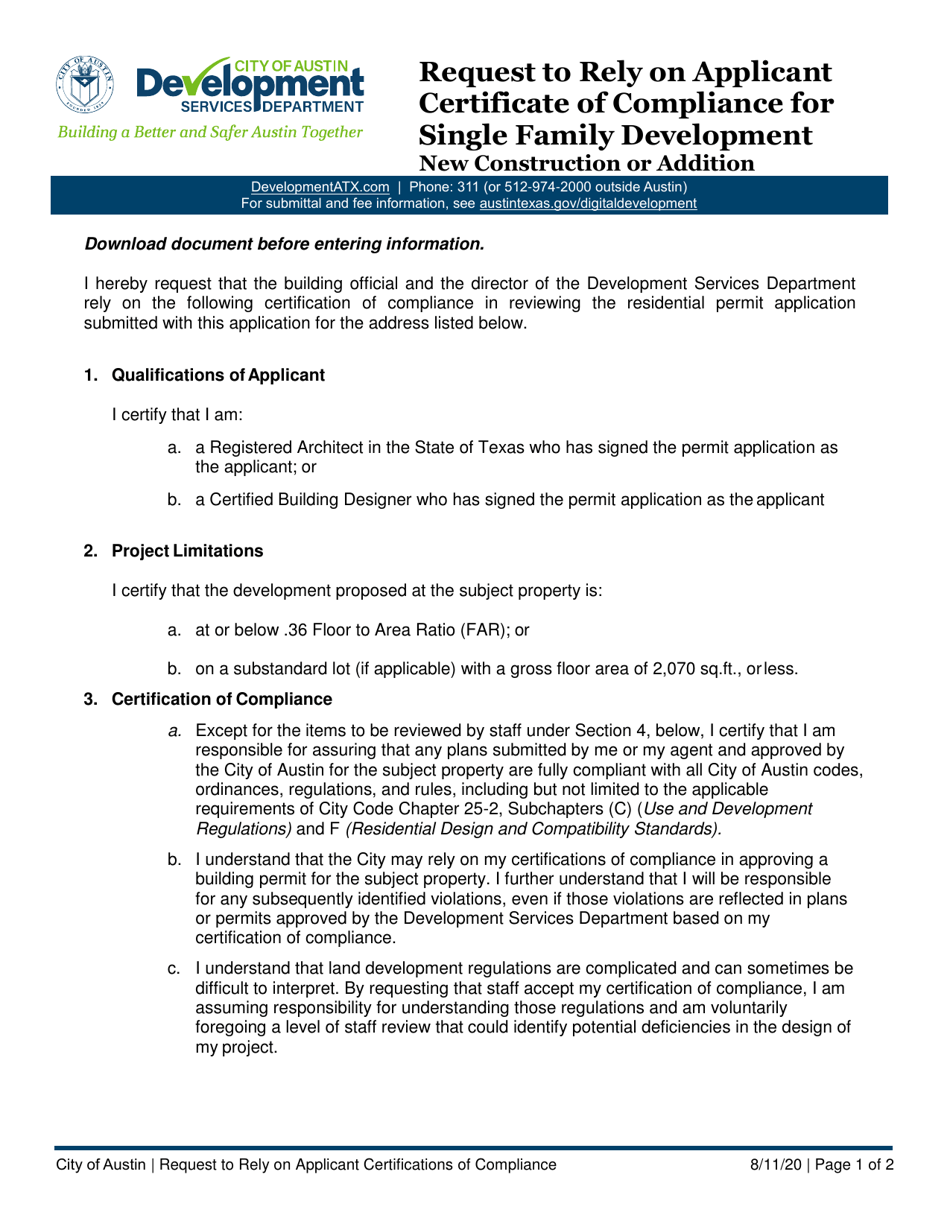 Request to Rely on Applicant Certificate of Compliance for Single Family Development - New Construction or Addition - City of Austin, Texas, Page 1