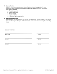 Request to Rely on Applicant Certificate of Compliance for Single Family Development - New Construction or Addition - City of Austin, Texas, Page 2