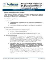 Document preview: Request to Rely on Applicant Certificate of Compliance for Single Family Development - New Construction or Addition - City of Austin, Texas