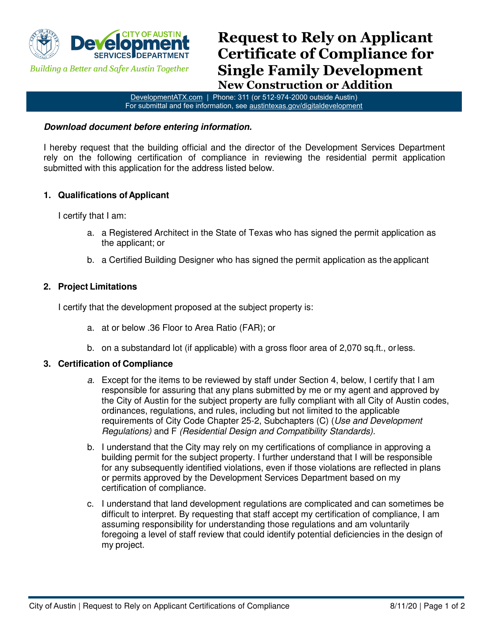 Request to Rely on Applicant Certificate of Compliance for Single Family Development - New Construction or Addition - City of Austin, Texas Download Pdf