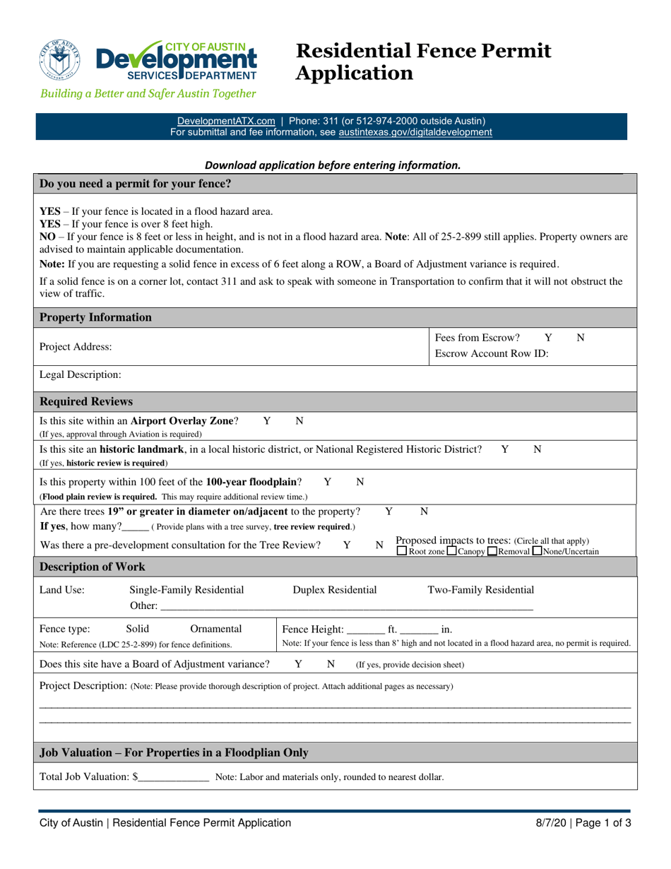 Residential Fence Permit Application - City of Austin, Texas, Page 1